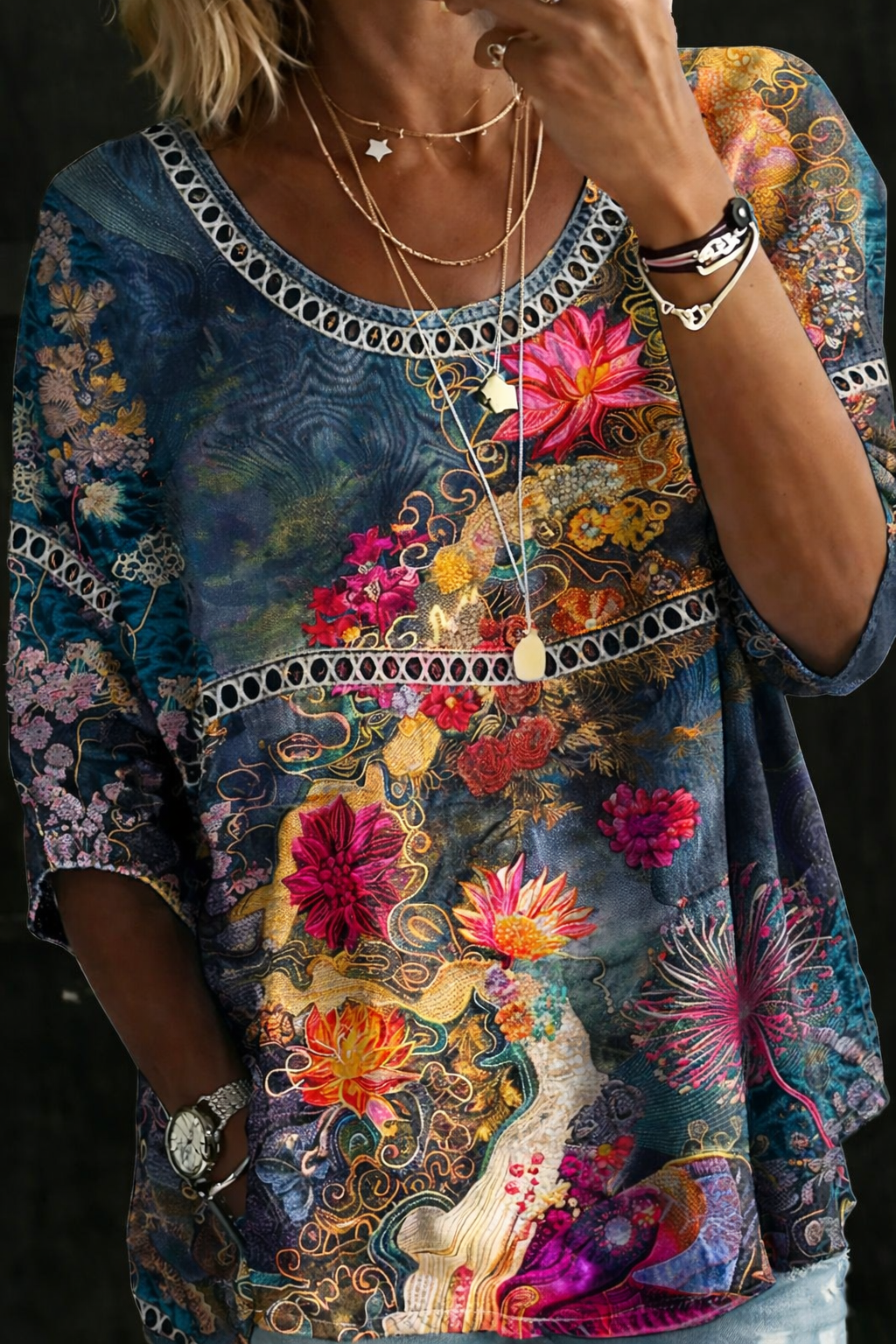Nicole | Blouse in Vintage Denim Bloemen