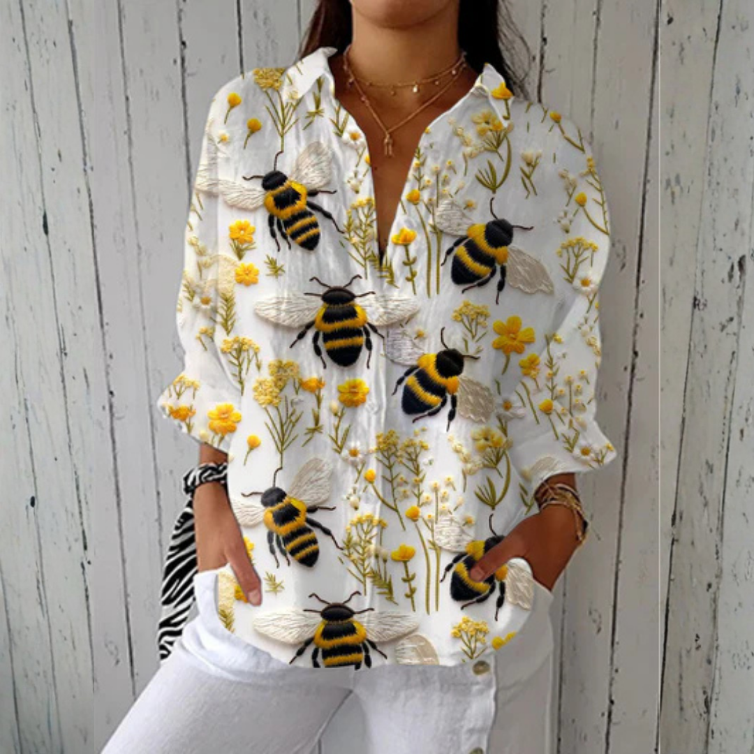 Nathalie™ | Gouden Bij Blouse | Lenteprint Blouse van Ademend Materiaal