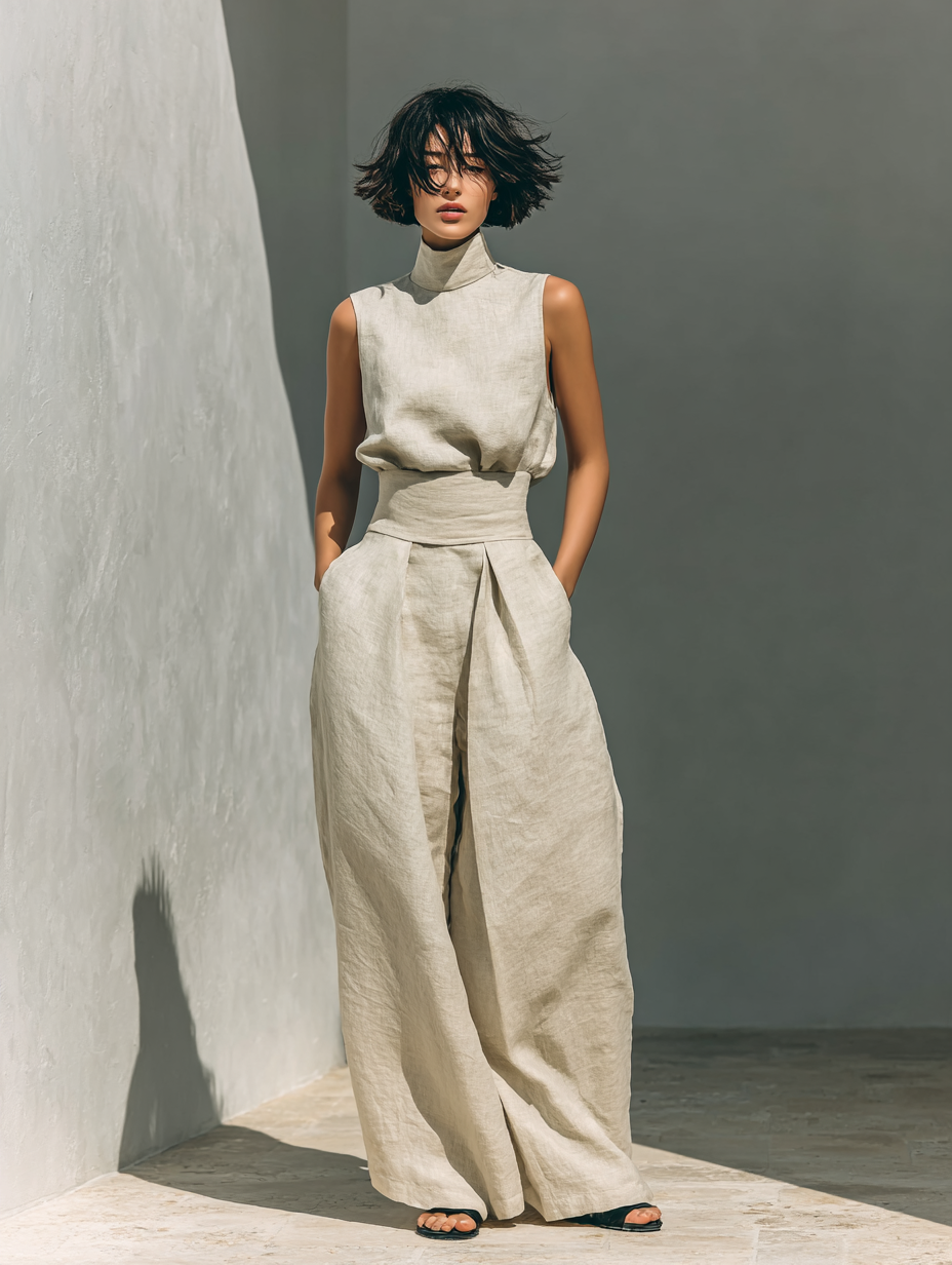 Marieta | Minimalistische set van mouwloze blouse en wijde broek