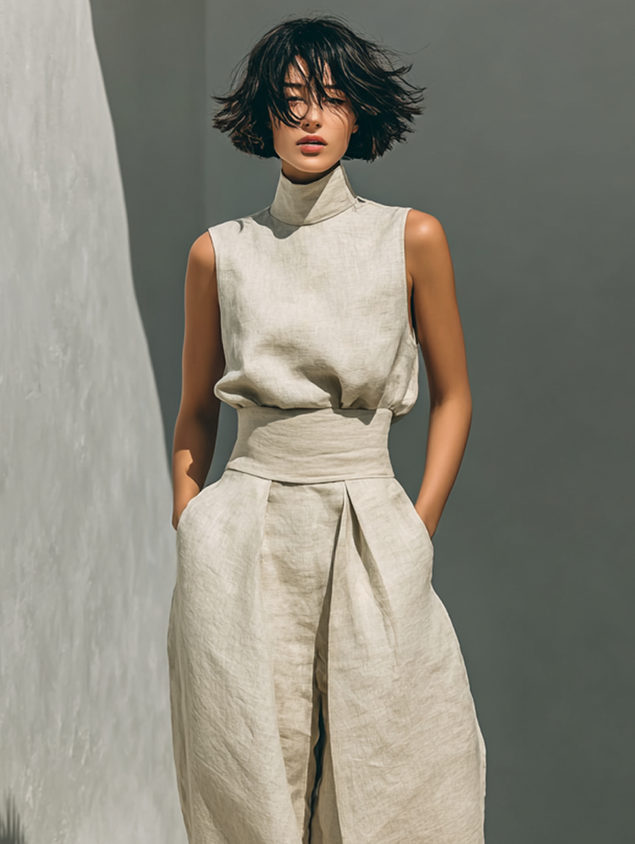 Marieta | Minimalistische set van mouwloze blouse en wijde broek