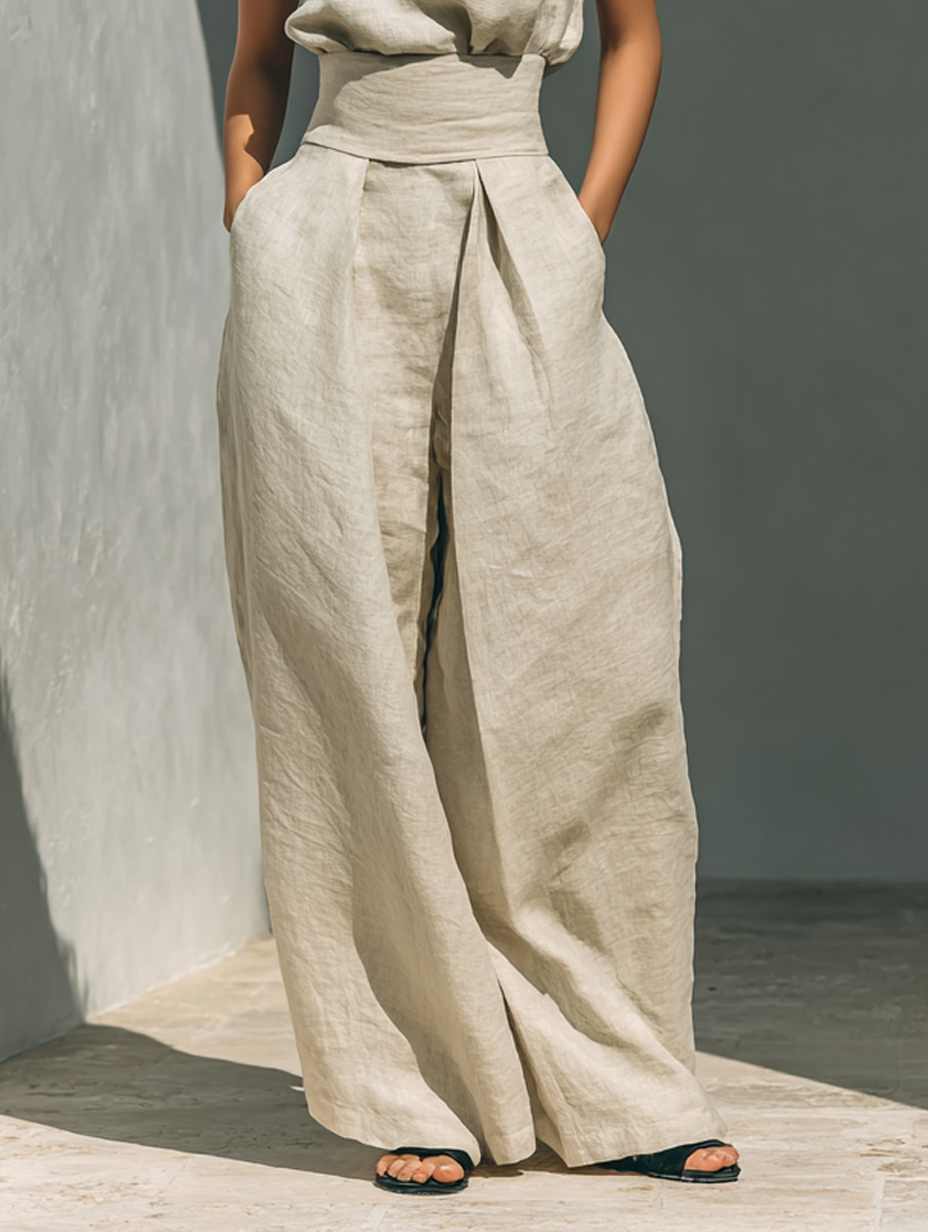 Marieta | Minimalistische set van mouwloze blouse en wijde broek