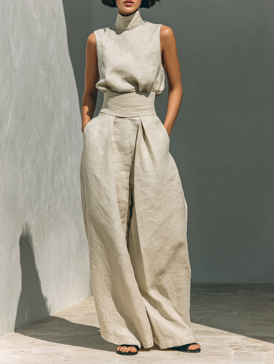 Marieta | Minimalistische set van mouwloze blouse en wijde broek