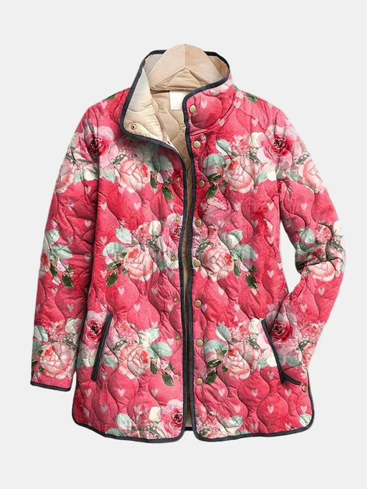 Freya | Charmante Roze Bloemenprint Gequilt Jas — Laatste Bewerking