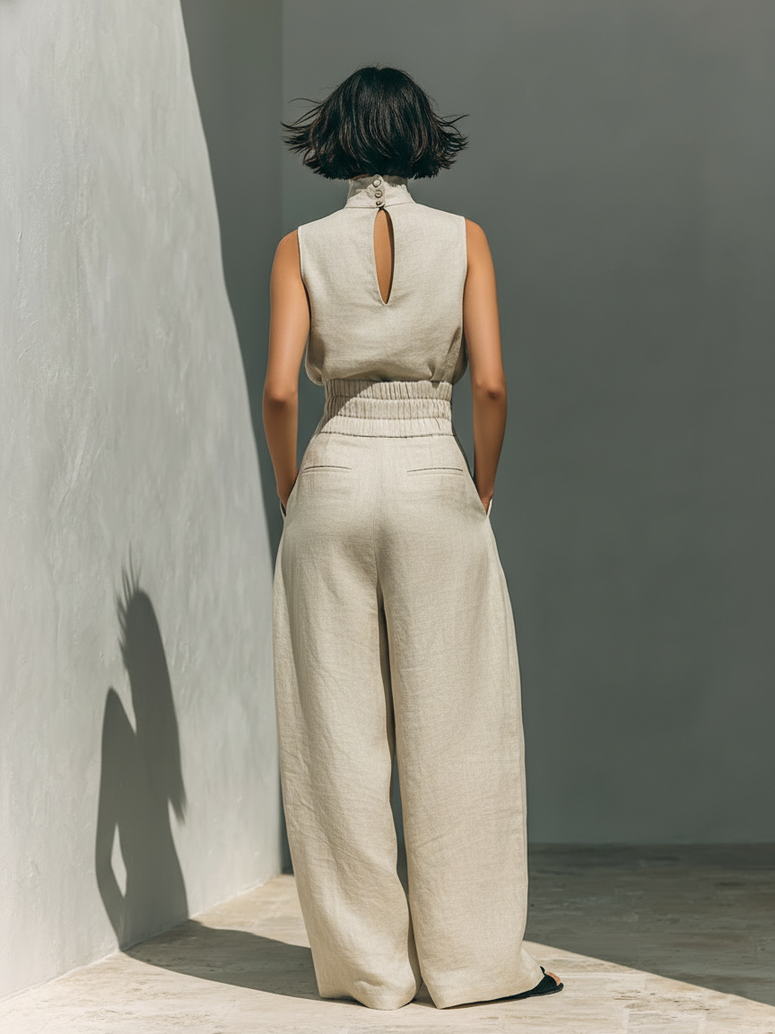 Marieta | Minimalistische set van mouwloze blouse en wijde broek