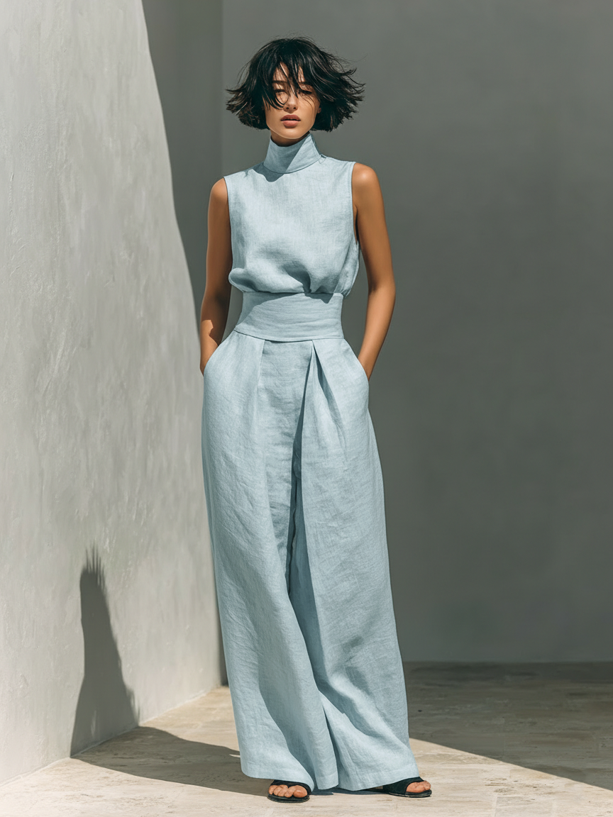 Marieta | Minimalistische set van mouwloze blouse en wijde broek