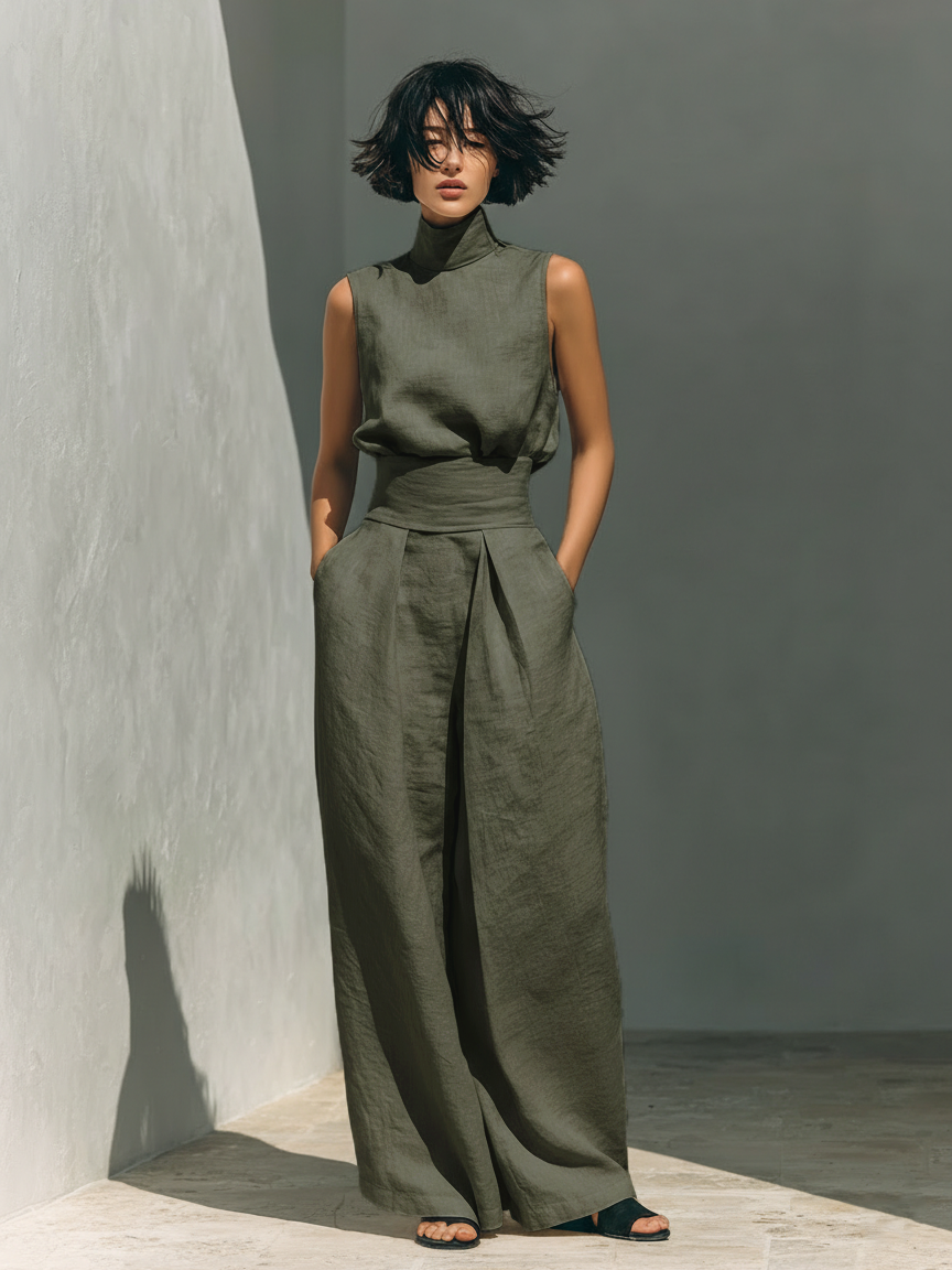 Marieta | Minimalistische set van mouwloze blouse en wijde broek
