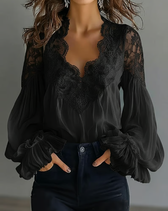 Marjo - Blouse met bloemenkant en lantaarnmouwen