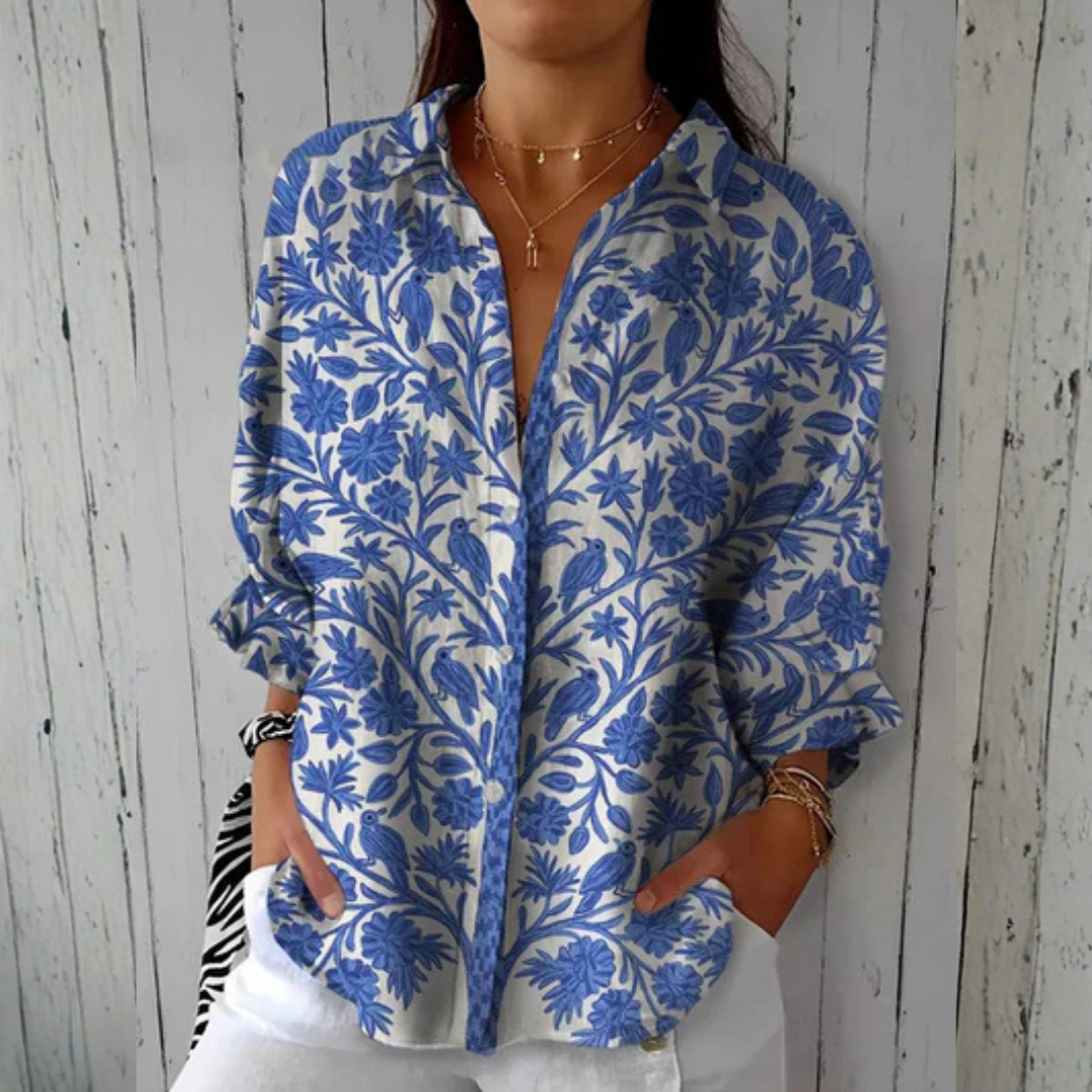 Isabelle™ | Blauwe Tuinblouse | Lichtgewicht Lente Blouse met Artistieke Prints