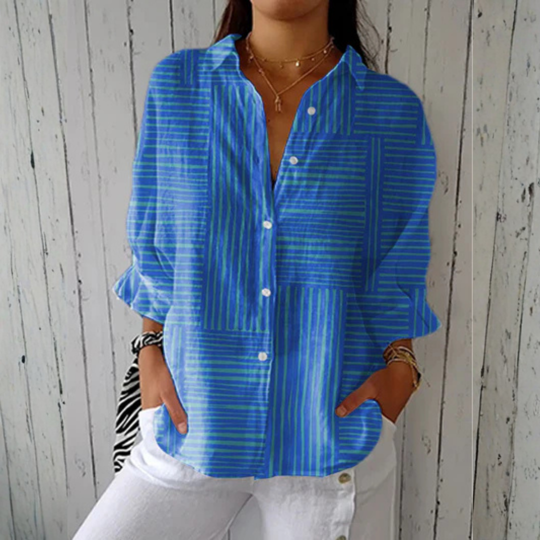 Ashley™ | Azure Stripe Blouse | Lichtgewicht Lente Blouse met Artistieke Prints