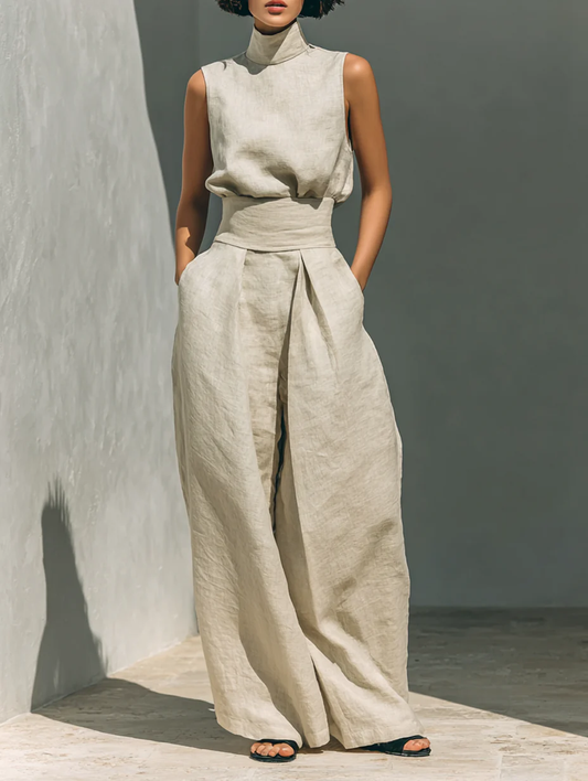 Julie™ | Twee-delig beige linnen set met mouwloze top en brede broek