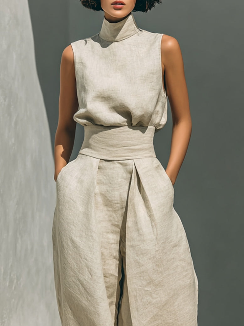 Julie™ | Twee-delig beige linnen set met mouwloze top en brede broek