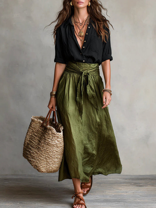 Vera – Set van twee delen: zwarte blouse en olijfgroene midi-rok