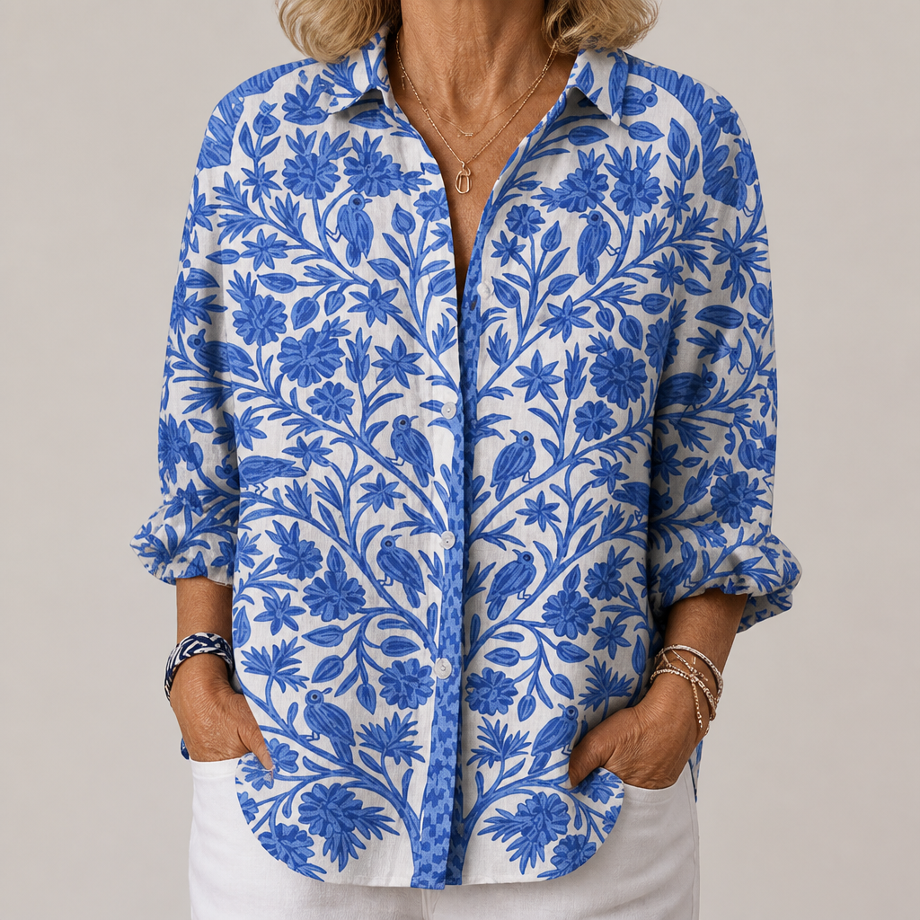 Isabelle™ | Blauwe Tuinblouse | Lichtgewicht Lente Blouse met Artistieke Prints