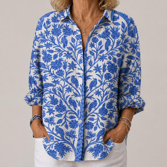 Isabelle™ | Blauwe Tuinblouse | Lichtgewicht Lente Blouse met Artistieke Prints
