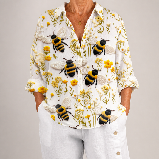 Nathalie™ | Gouden Bij Blouse | Lenteprint Blouse van Ademend Materiaal