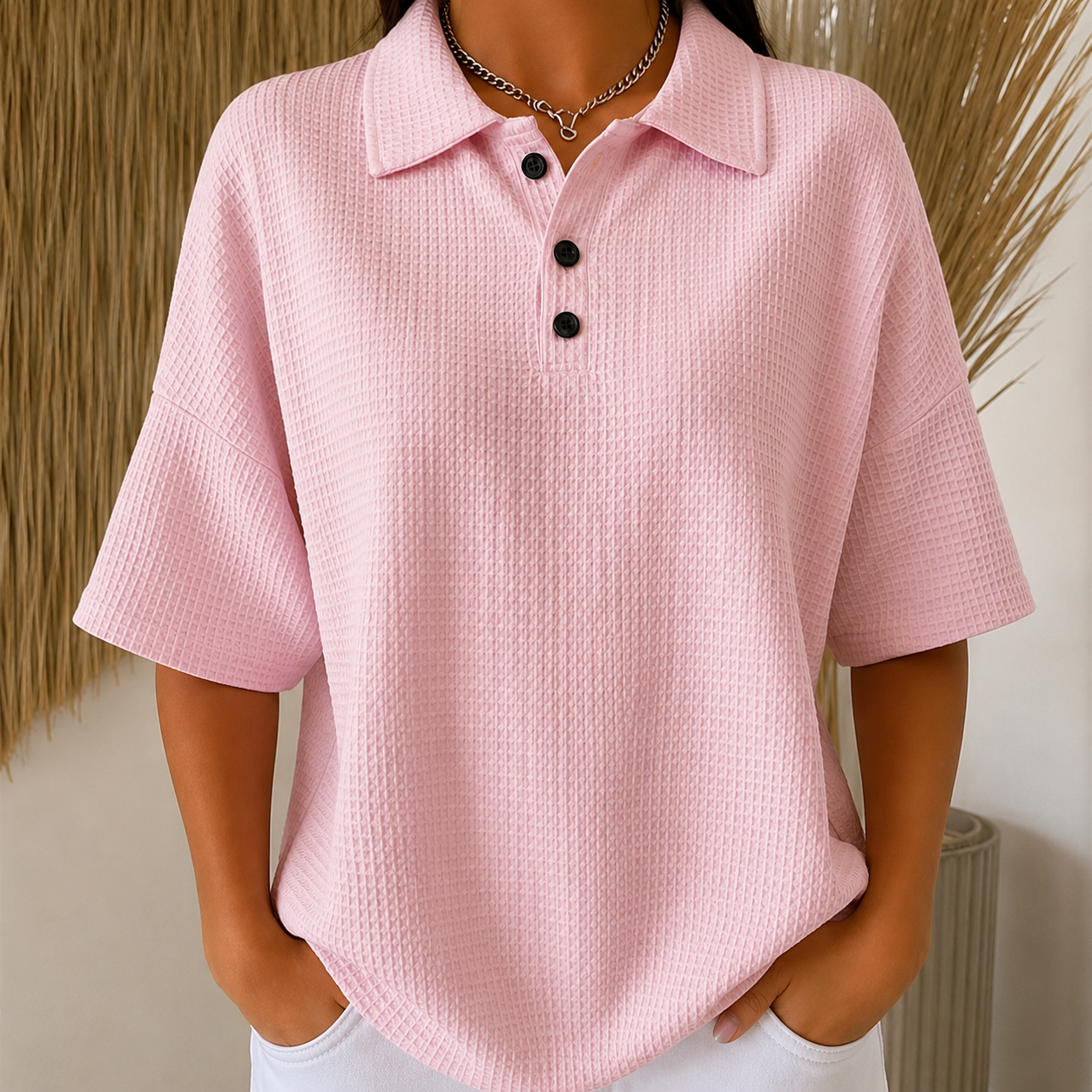 Gisela | Comfortabele Wafel Polo Blouse